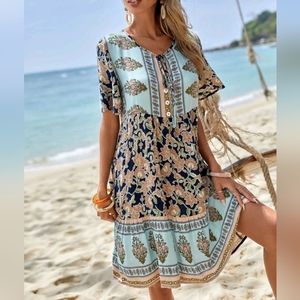New Boho Chic Floral Print Smock Dress Navy Blue Tan White Green